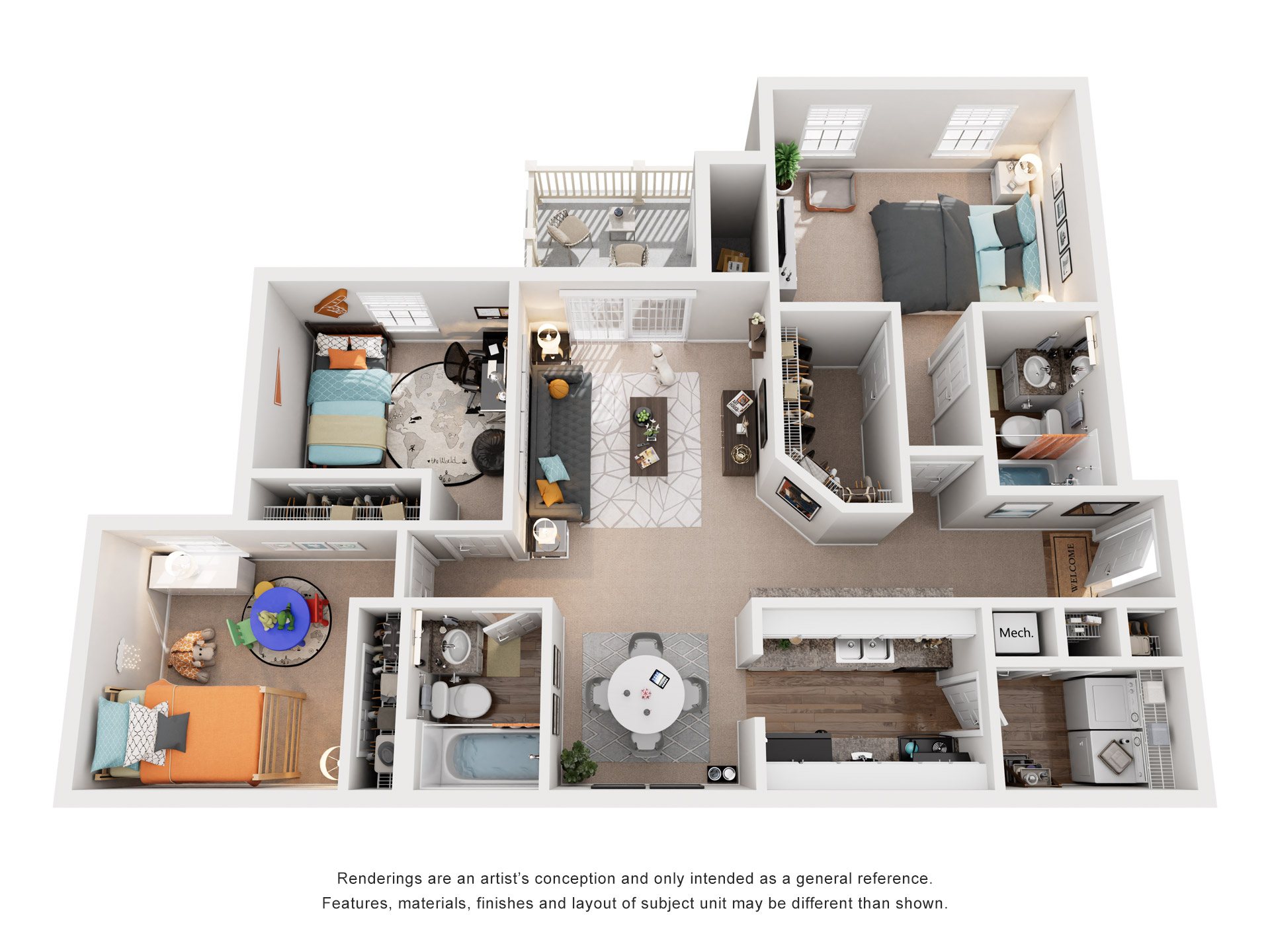 Floor plan for 3 beds, 2 baths, 1332 sqft